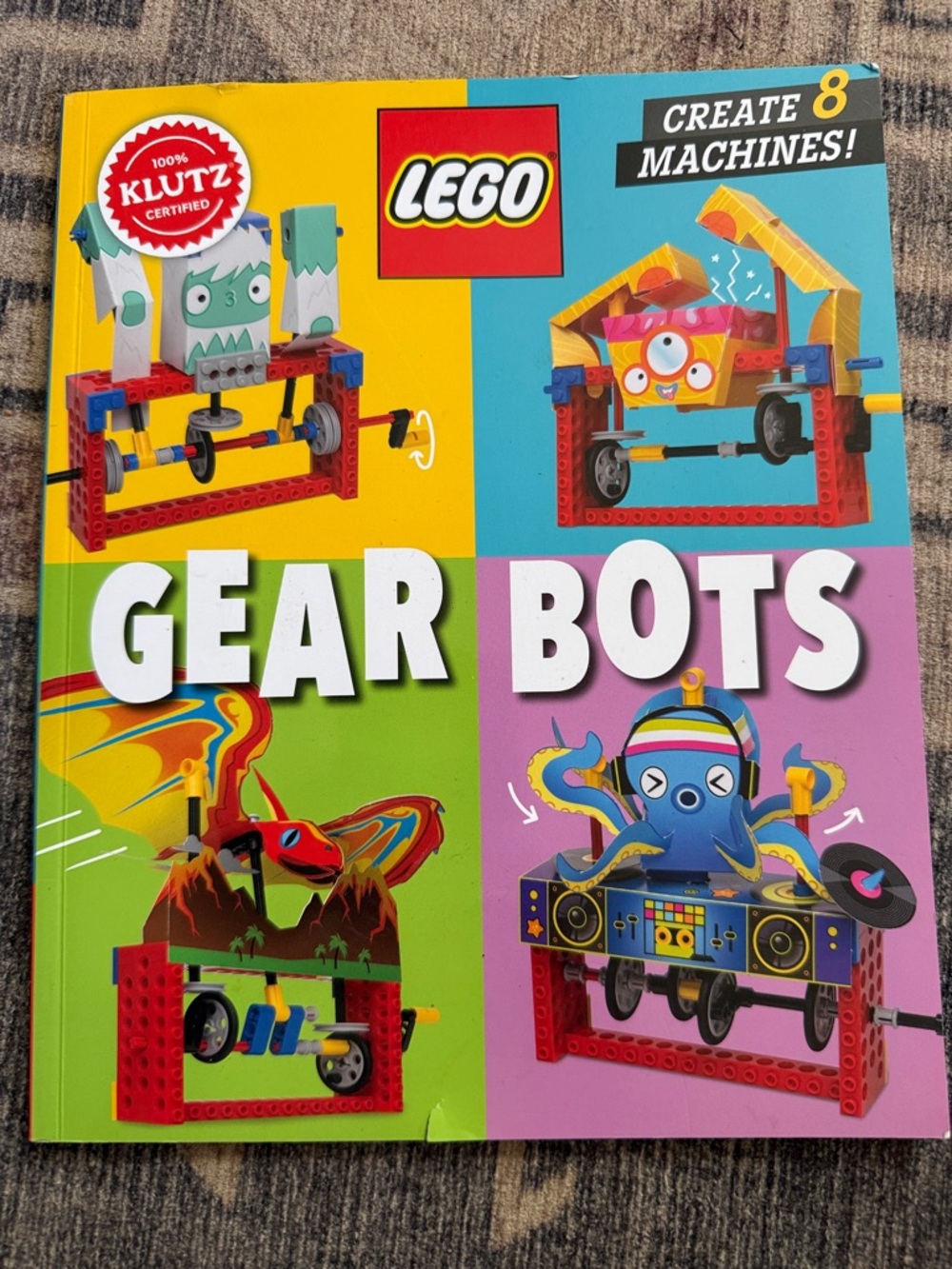 Lego Gear Bots Book Cover in Yellow, Blue, Green, Purple, Red